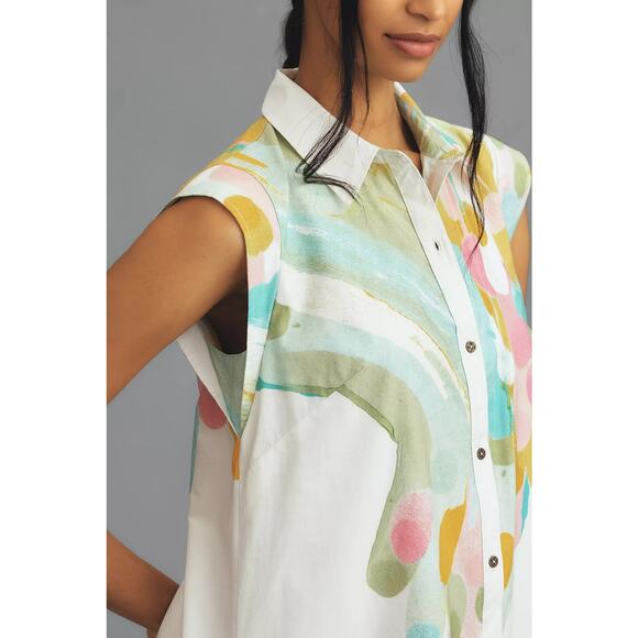 nwt ANTHROPOLOGIE MAEVE sz 2X The Lillian Cap Sleeve shirt dress in mint motif - Picture 2 of 5